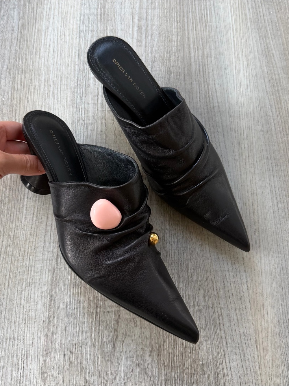 Dries Van Noten Shoes, Heels, Black Leather Pointed Mule